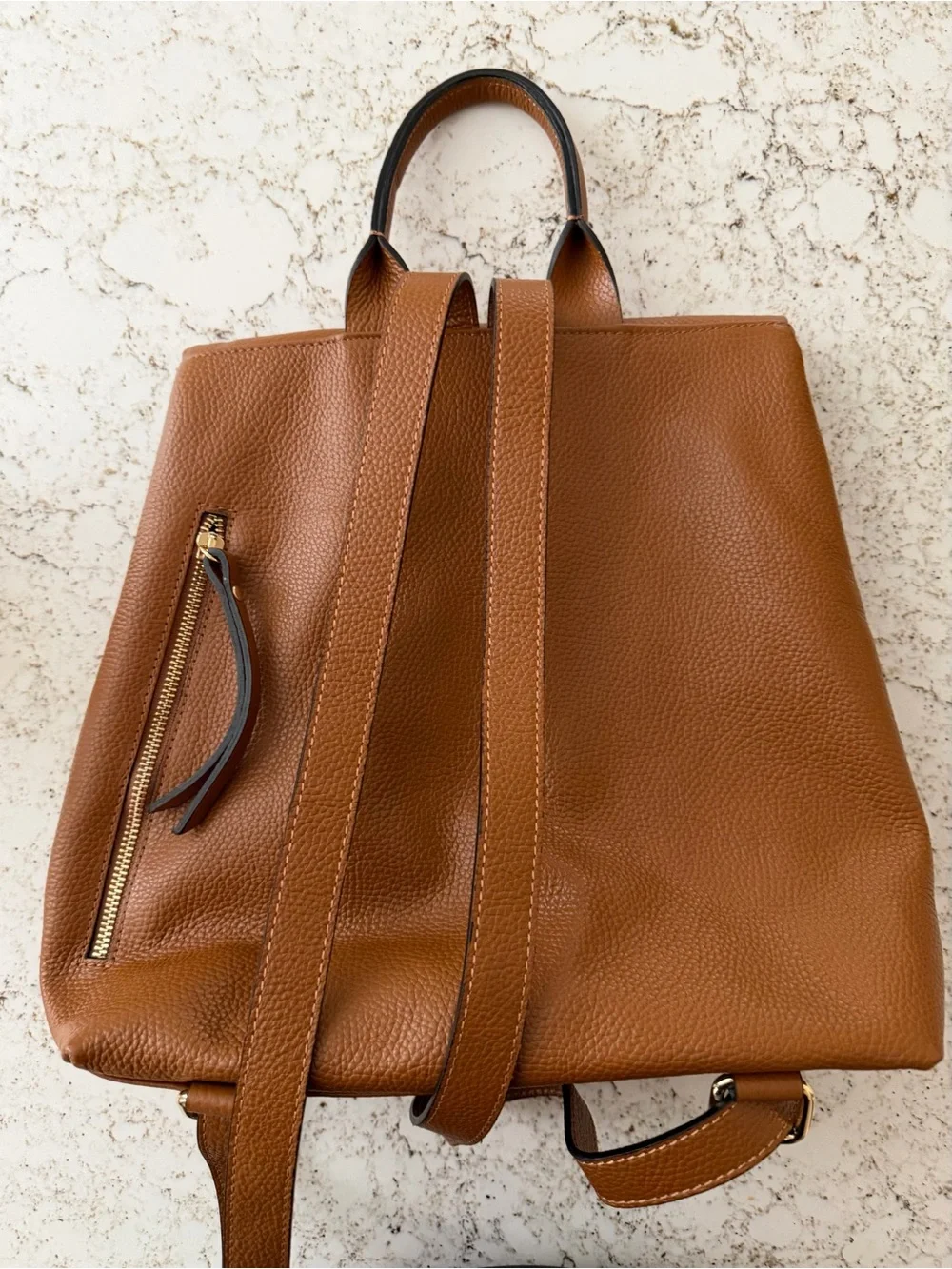 Stauer Pebbled Brown Leather Backpack with Gold Hardware